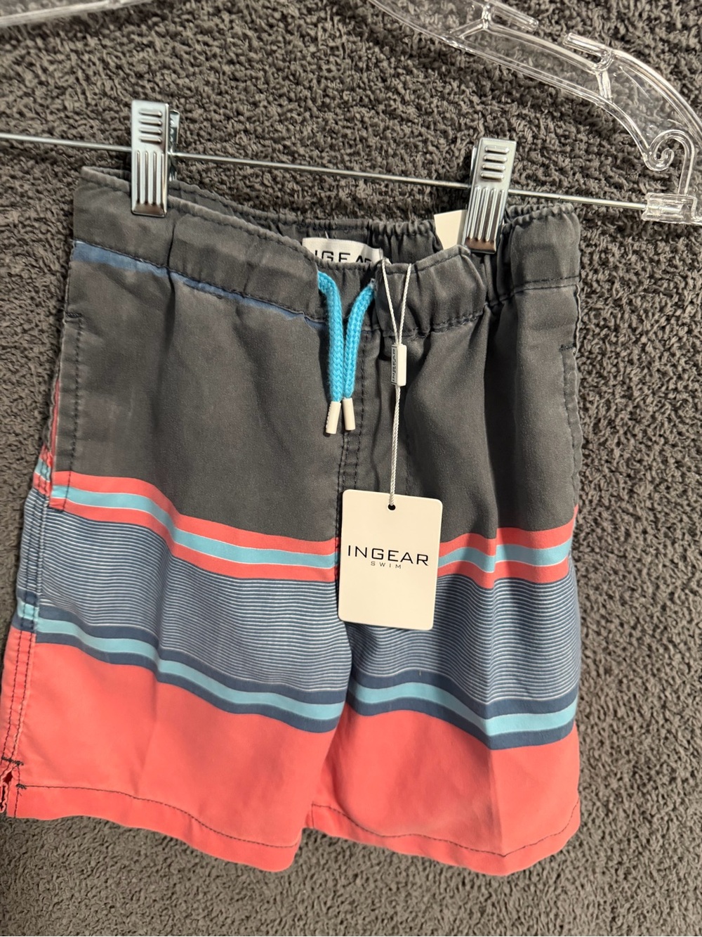 INGEAR boys Colorblock Stripe Swim Shorts in Charcoal, Blue & Coral